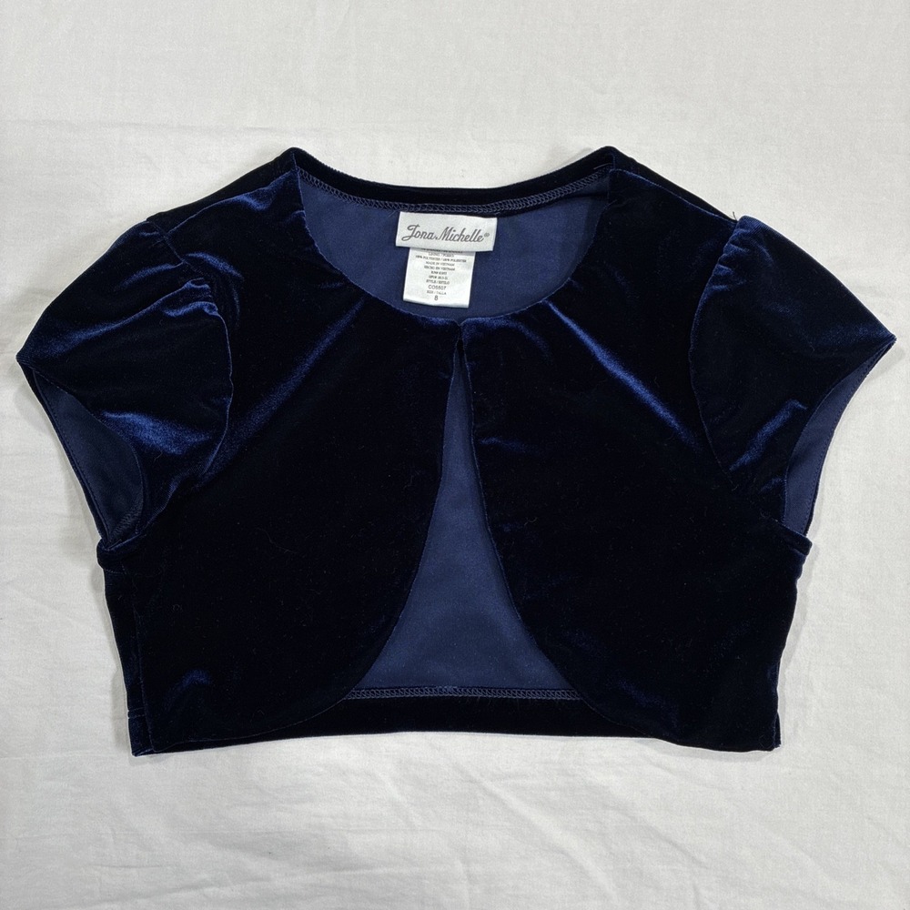 Jona Michelle Blue Velvet Short‎ Sleeve 1 Button Shrug Size Girls 8